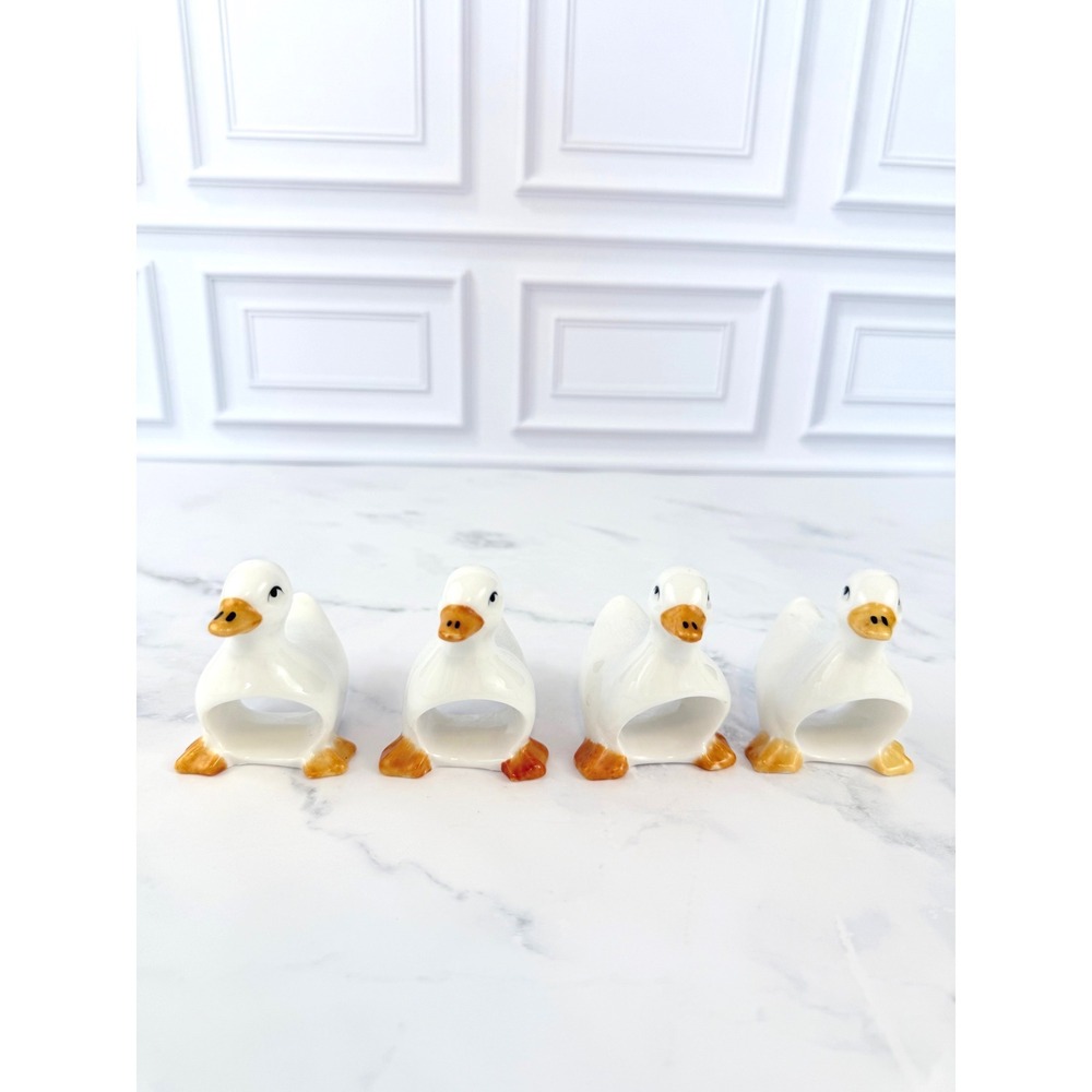 VTG 1980s Set of 4 White Duck Goose Geese Ceramic Napkin Rings Holders